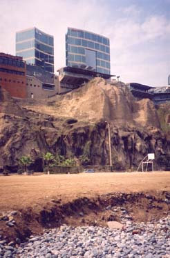 Picture taken from the beach of the Pacific Ocean near a big supermarket in Miraflores